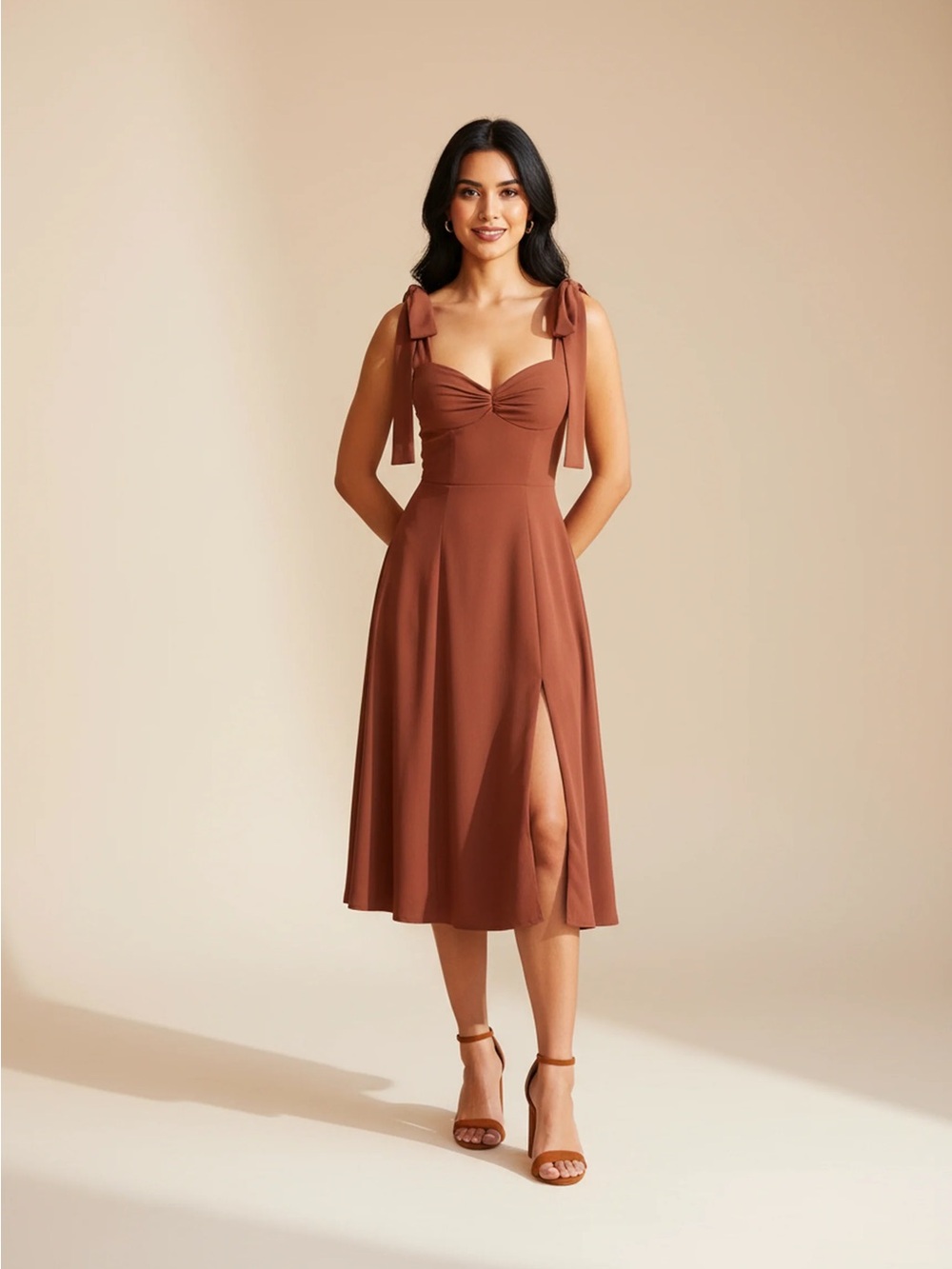 NWT CIDER Solid Cami Knotted Slit Midi Dress in Terracotta